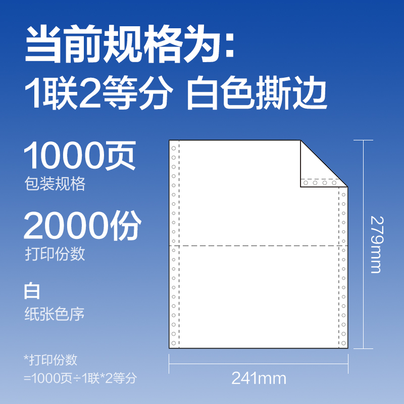 纵横莱茵河L241-1电脑打印纸(1/2S白色撕边)(1000页/盒)