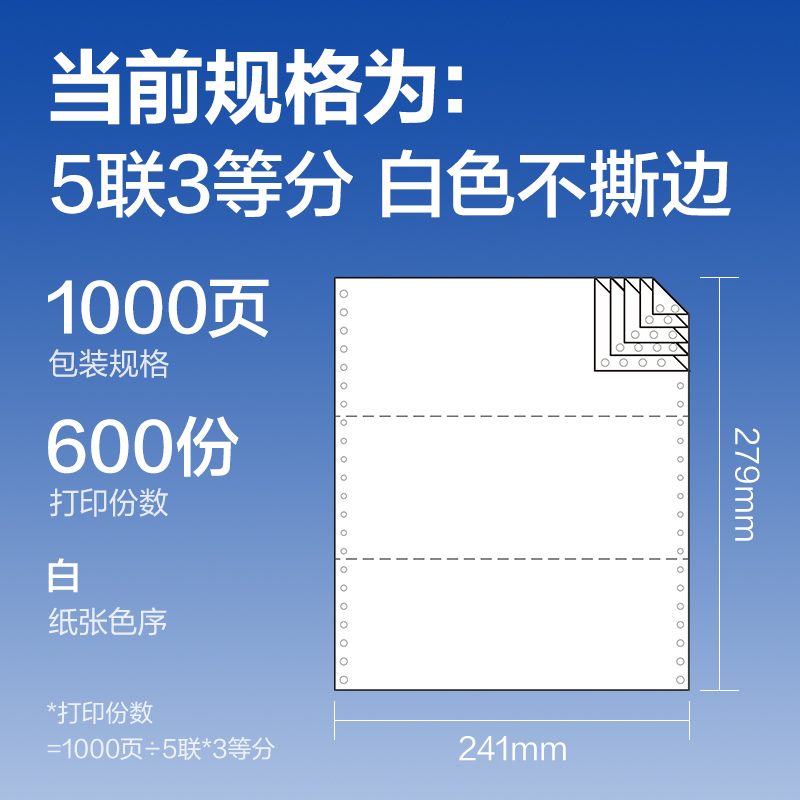 纵横莱茵河L241-5电脑打印纸(1/3白色不撕边)(1000页/盒)
