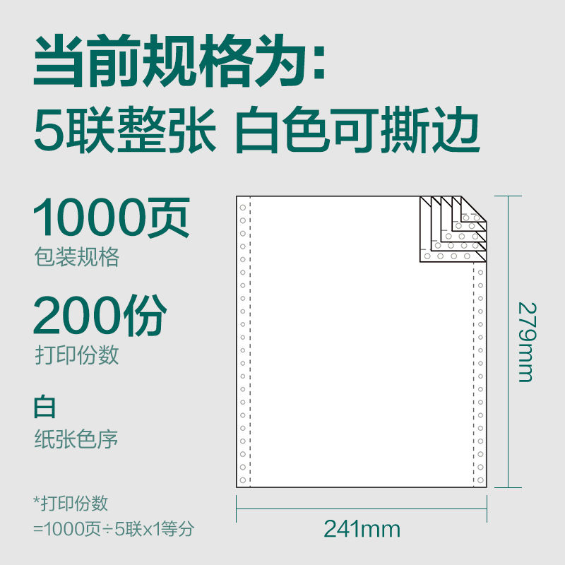 纵横珊瑚海S241-5电脑打印纸(S白色撕边)(1000页/盒)