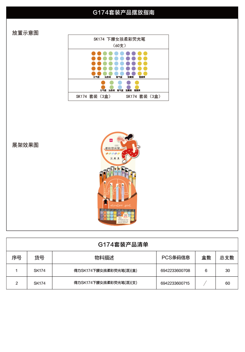 纵横G174下腰女孩柔彩荧光笔展架套装(混)(90支/架)