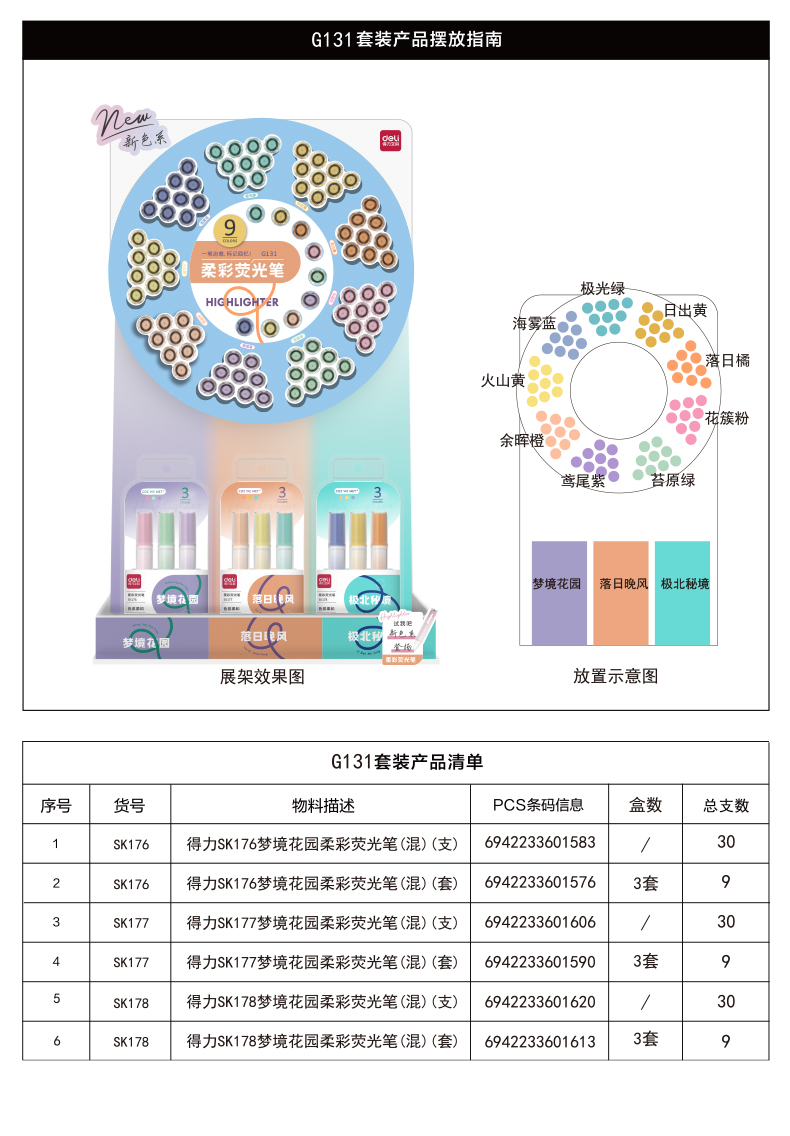 纵横G131柔彩荧光笔展架套装(混)(117支/架)