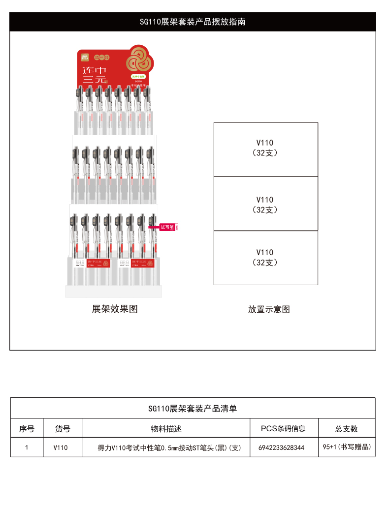纵横SG110连中三元考试中性笔展架套装(4套/箱)0.5mmST头(黑)(套)