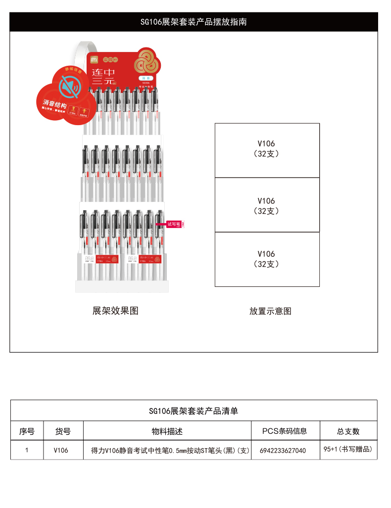 纵横SG106连中三元考试中性笔展架套装(4套/箱)0.5mmST头(黑)(套)