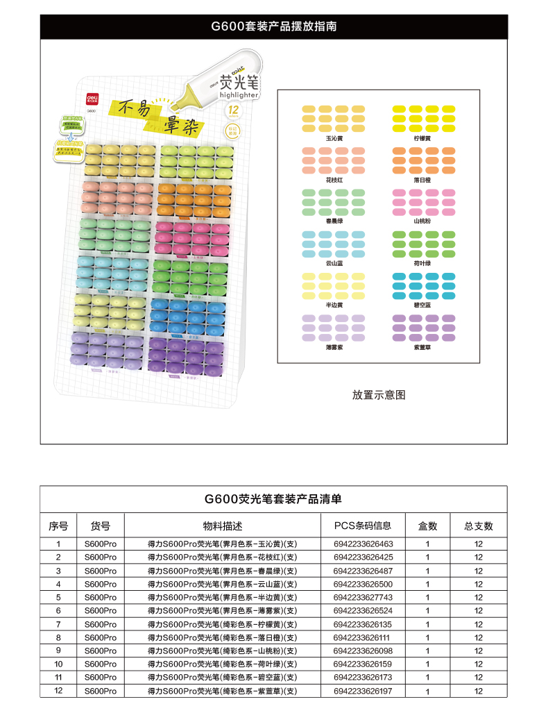 纵横G600抗晕染扁杆荧光笔展架套装(混)(144支/架)
