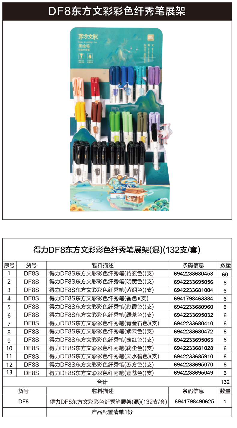 纵横DF8东方文彩彩色纤秀笔展架(混)(132支/套)
