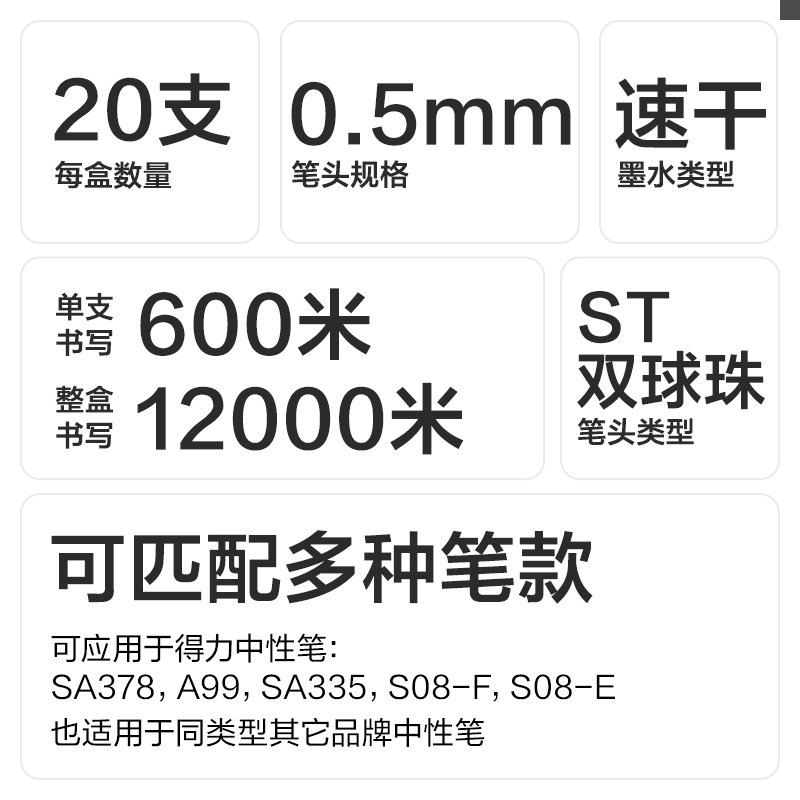 纵横SE233速干按动笔芯0.5mm双珠ST笔头(黑)(20支/盒)