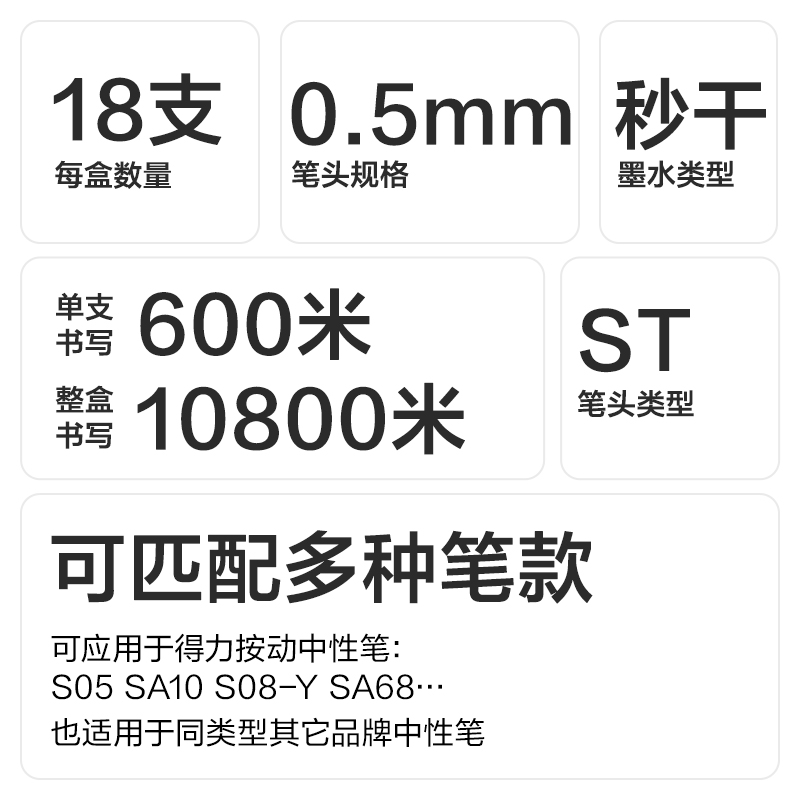 纵横SE203秒干按动笔芯0.5mmST头(黑)(18支/盒)