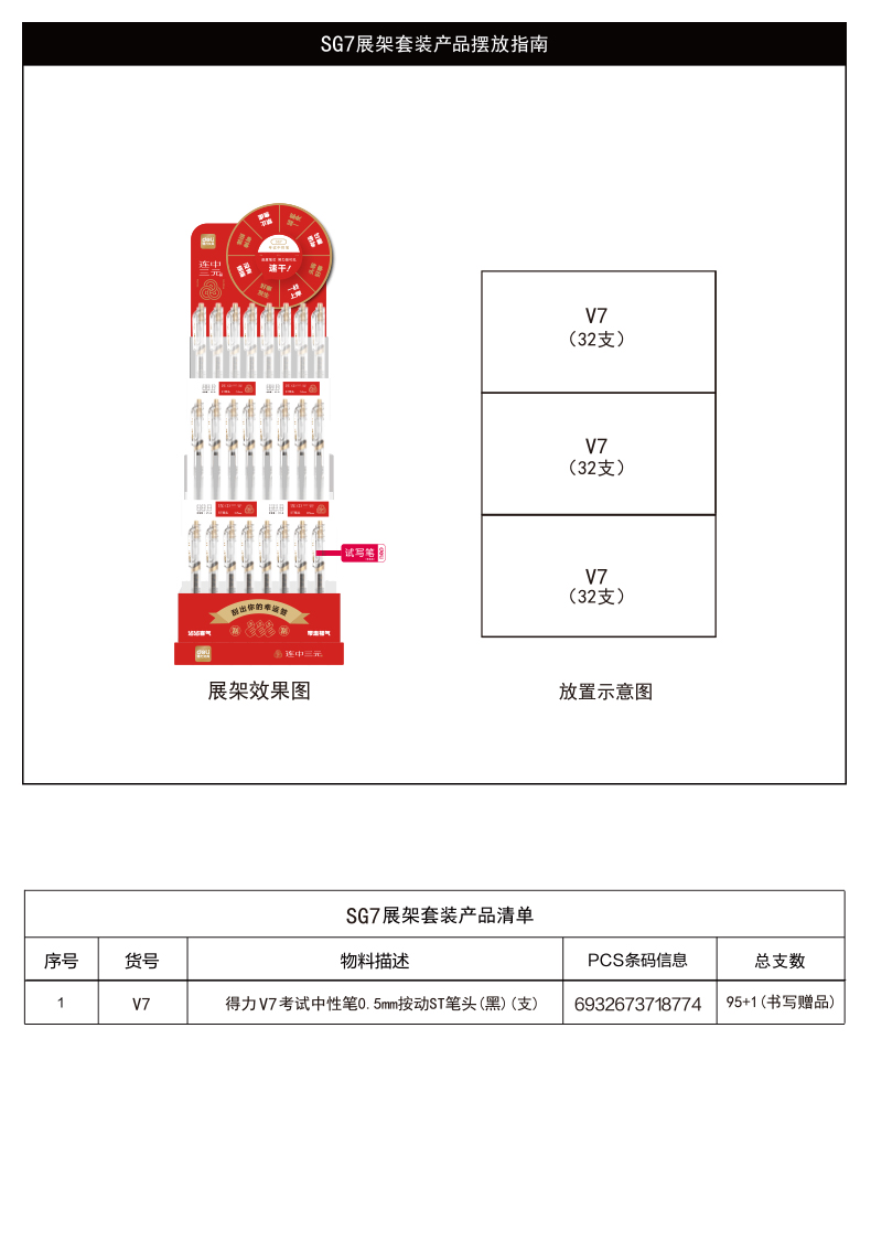 纵横SG7连中三元速干按动考试中性笔展架套装(黑)(96支/架)