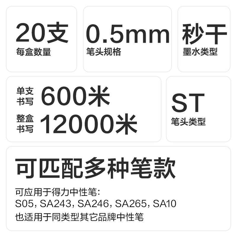 纵横SE238秒干按动笔芯0.5mmST头(黑)(20支/盒)