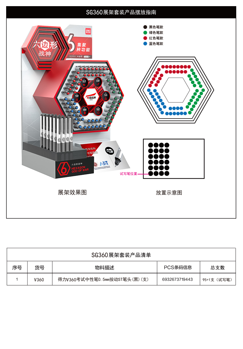 纵横SG360六边形战神系列按动消音中性笔展架套装(黑)(96支/架)