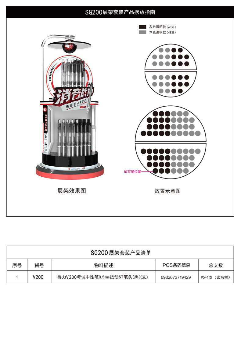 纵横SG200消音战神按动中性笔展架套装0.5mmST头(黑)(96支/架)