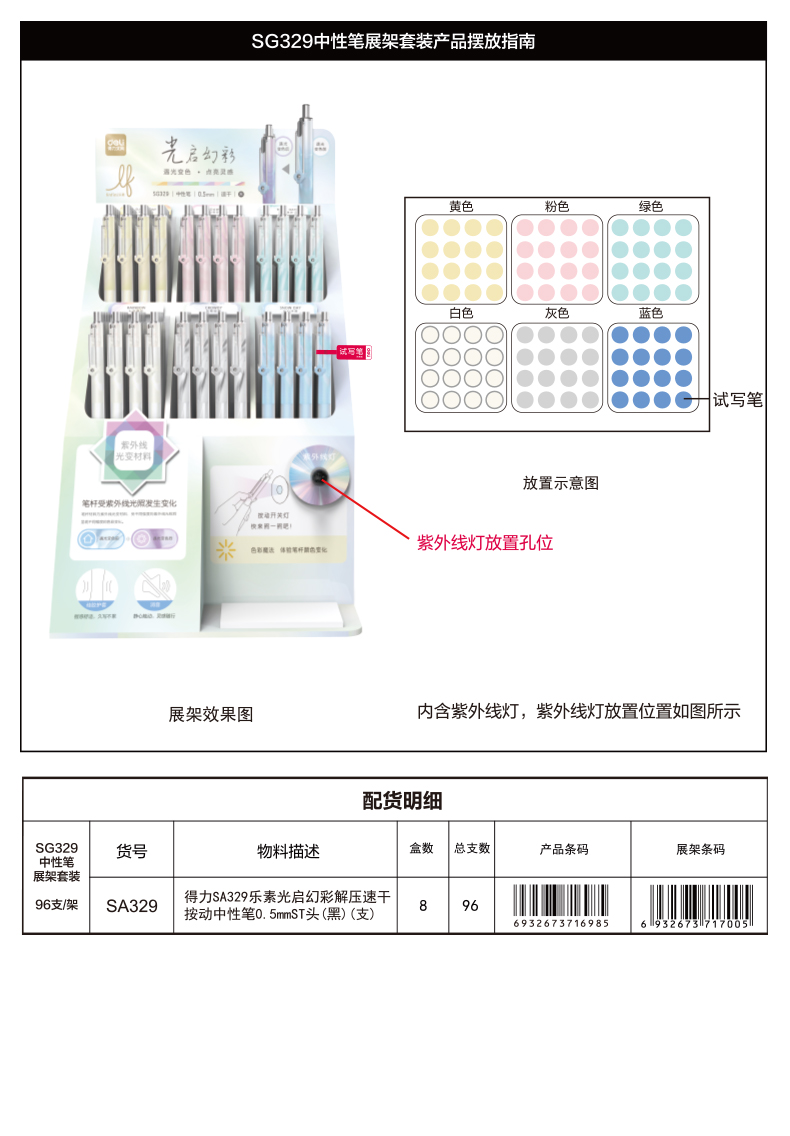 纵横SG329乐素光启幻彩解压速干按动中性笔展架套装(黑)(96支/架)
