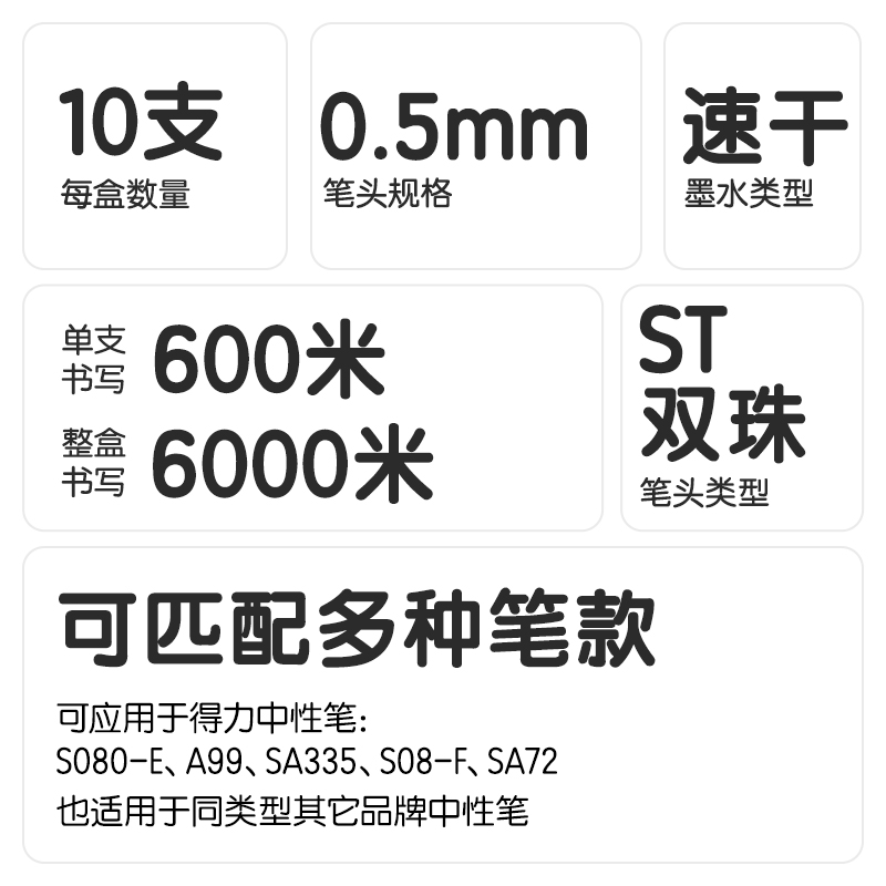 纵横SE226刷题速干按动中性笔替芯0.5mm双球珠ST头(黑)(10支/袋)