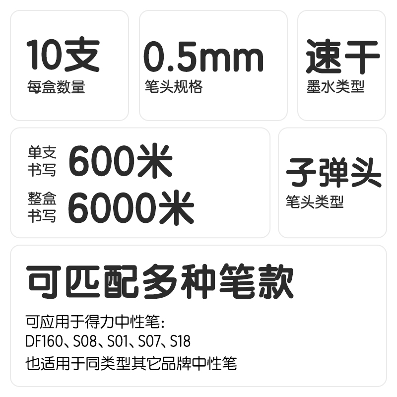 纵横SE227刷题速干按动中性笔替芯0.5mm子弹头(黑)(10支/袋)