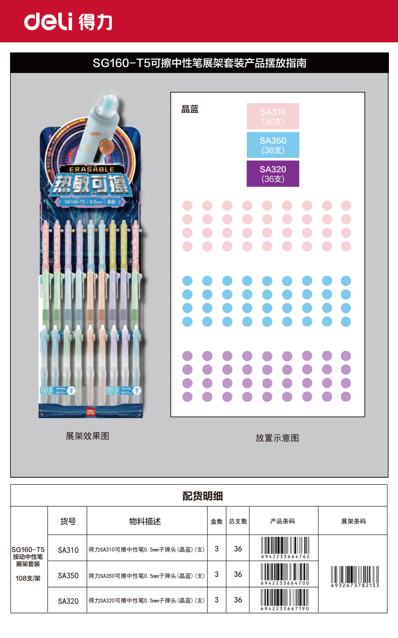 纵横SG160-T5可擦中性笔展架套装(晶蓝)(108支/架)