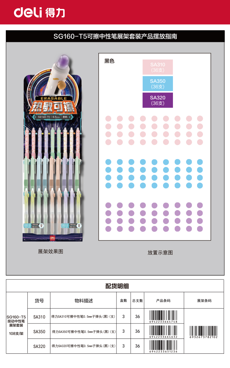 纵横SG160-T5可擦中性笔展架套装（黑)(108支/架)