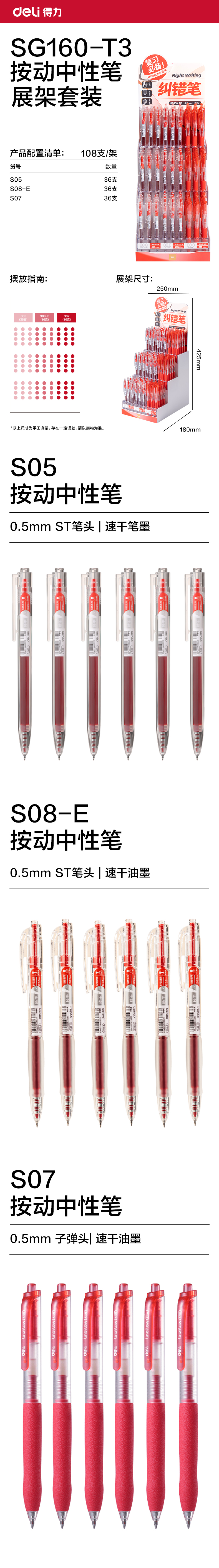 纵横SG160-T3纠错按动中性笔展架套装(红)(108支/架)