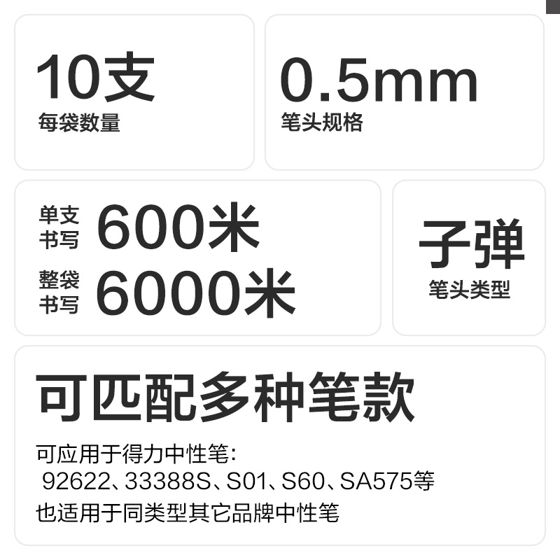 纵横SE231按动中性笔替芯0.5mm子弹头(黑)(10支/袋)