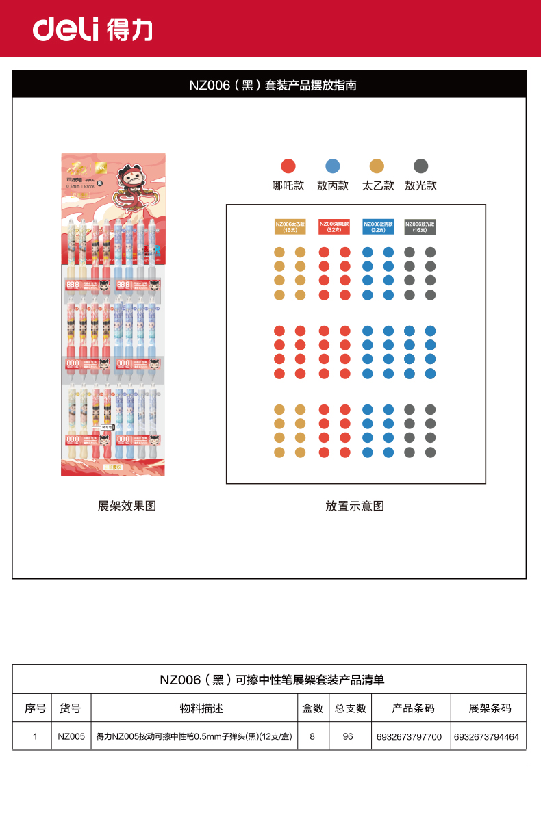 纵横NZ006哪吒可擦中性笔展架套装0.5mm子弹头(黑)(96支/架)