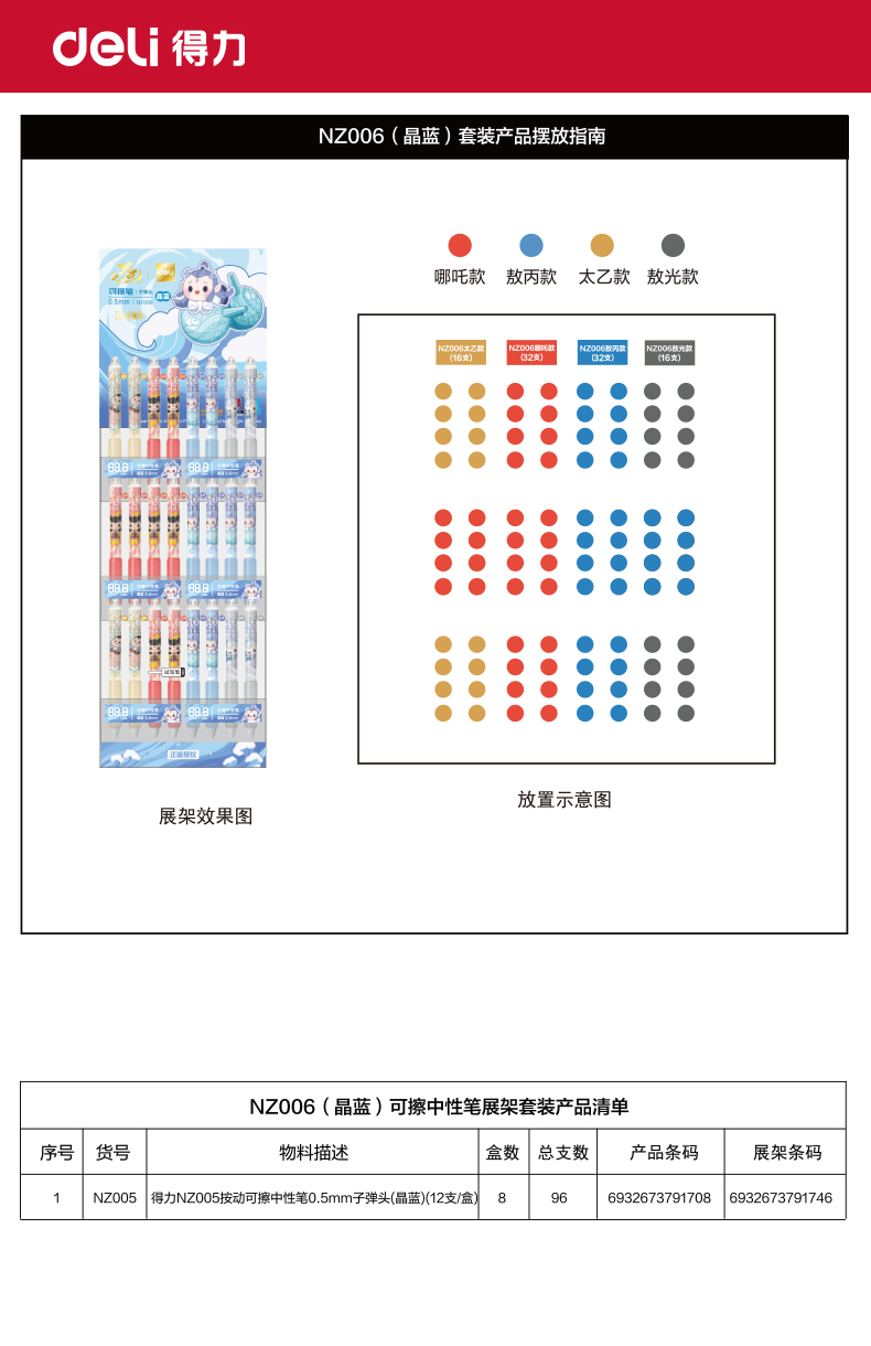 纵横NZ006哪吒可擦中性笔展架套装0.5mm子弹头(晶蓝)(96支/架)