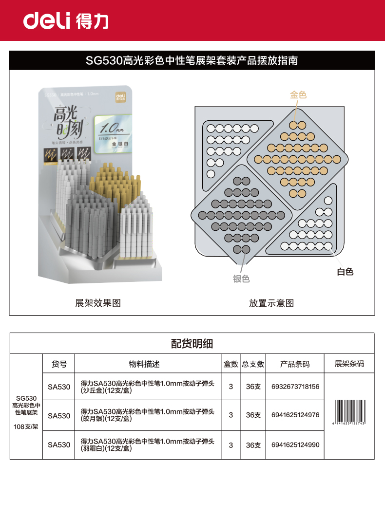 纵横SG530高光彩色中性笔1.0mm按动子弹头展架(混)(108支/架)