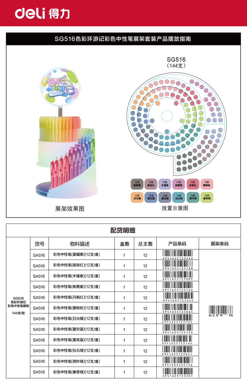 纵横SG516彩色中性笔0.5mm按动子弹头展架(混)(144支/架)