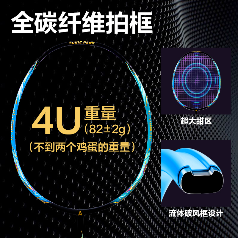 安格耐特FH142音爆羽线赛级强劲型全碳纤维羽毛球拍(单只装)(蓝+绿)(只)