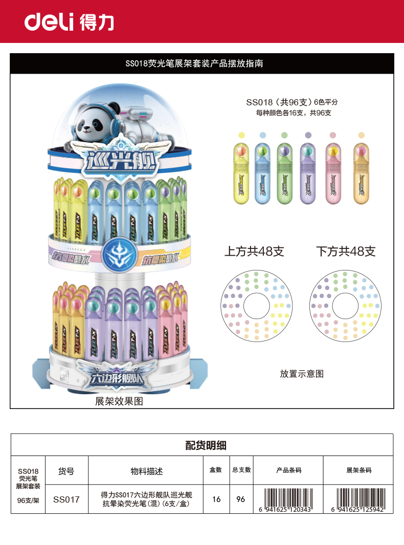纵横SS018六边形舰队巡光舰抗晕染荧光笔展架套装(混)(96支/架)