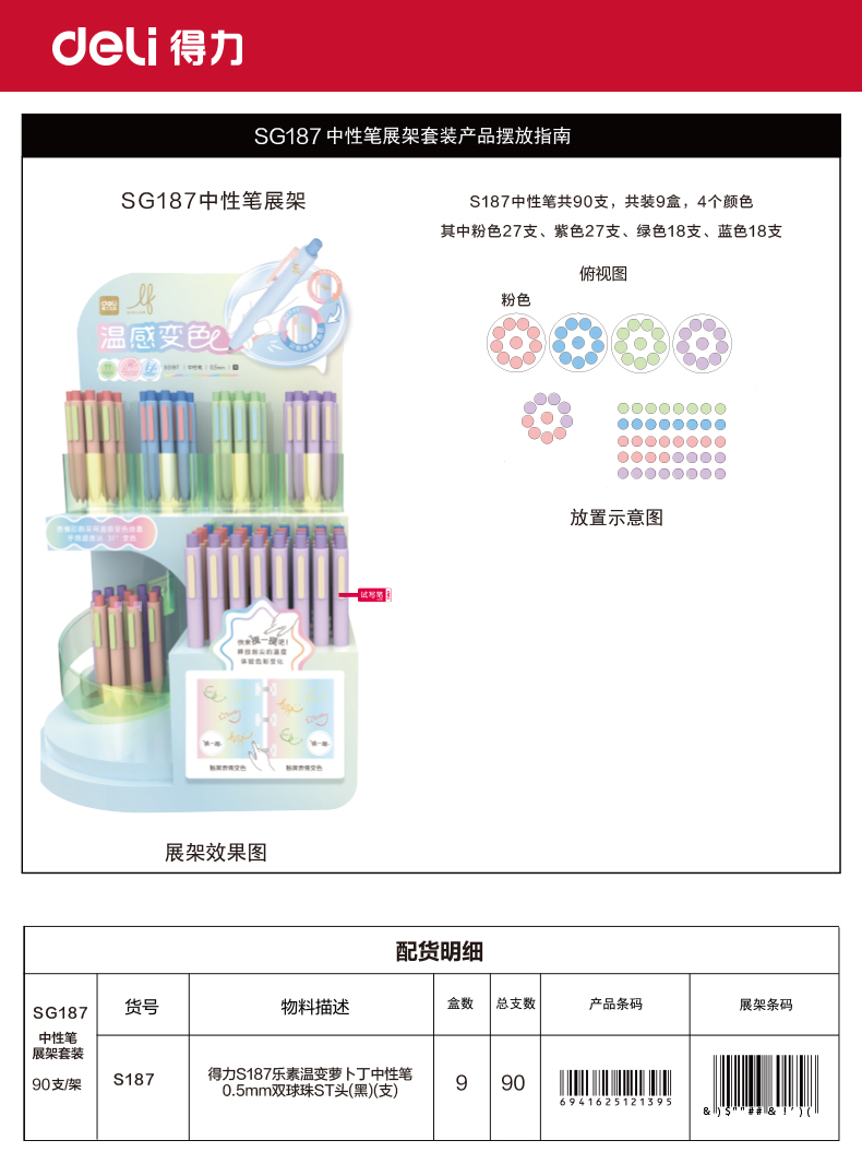 纵横SG187乐素温感变色萝卜丁中性笔展架套装(黑)(90支/架)