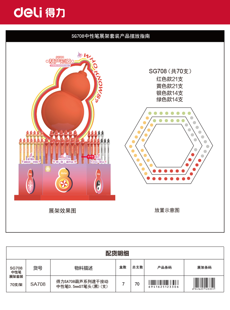 纵横SG708葫芦系列速干按动中性笔展架套装(黑)(70支/架)
