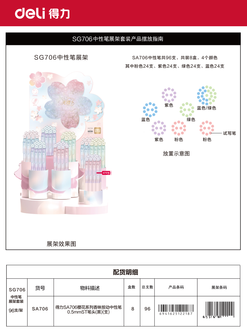 纵横SG706樱花系列香味按动中性笔展架套装(黑)(96/架)