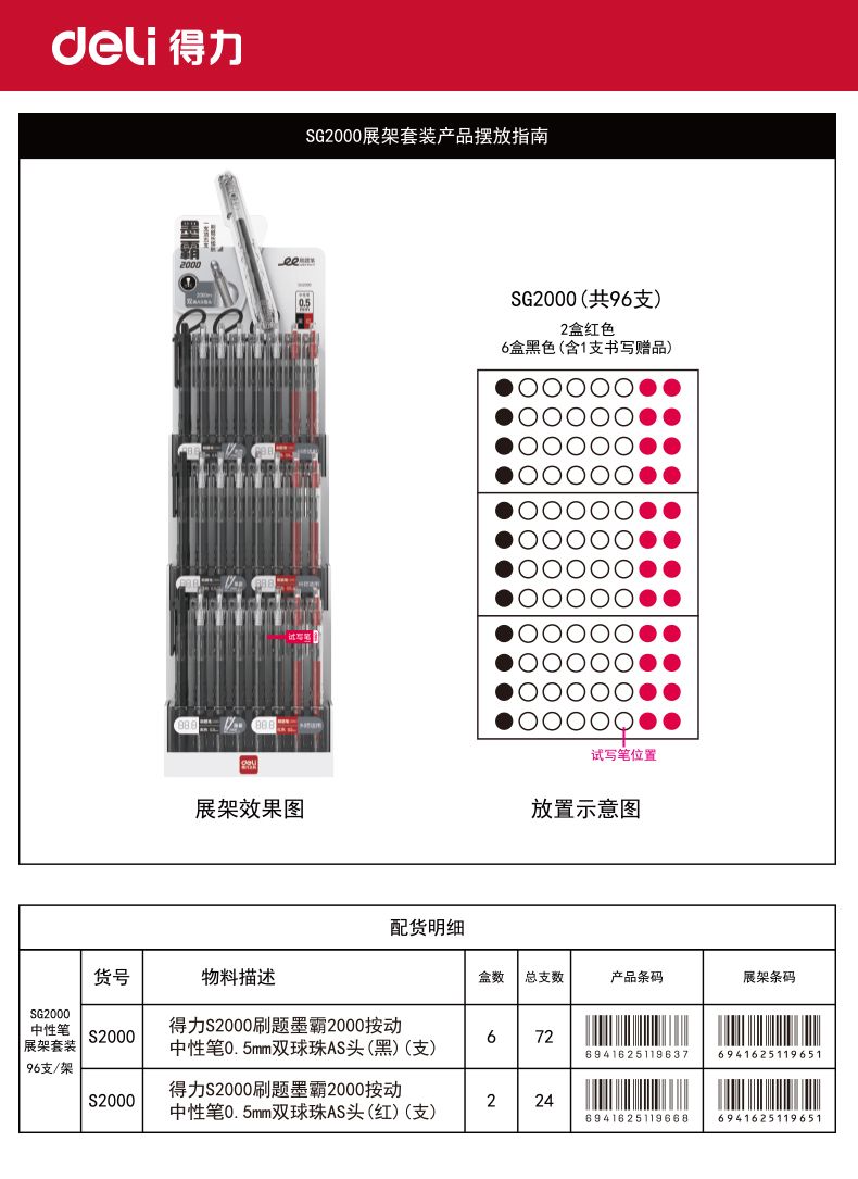 纵横SG2000刷题墨霸2000按动中性笔展架套装(混)(96支/架)