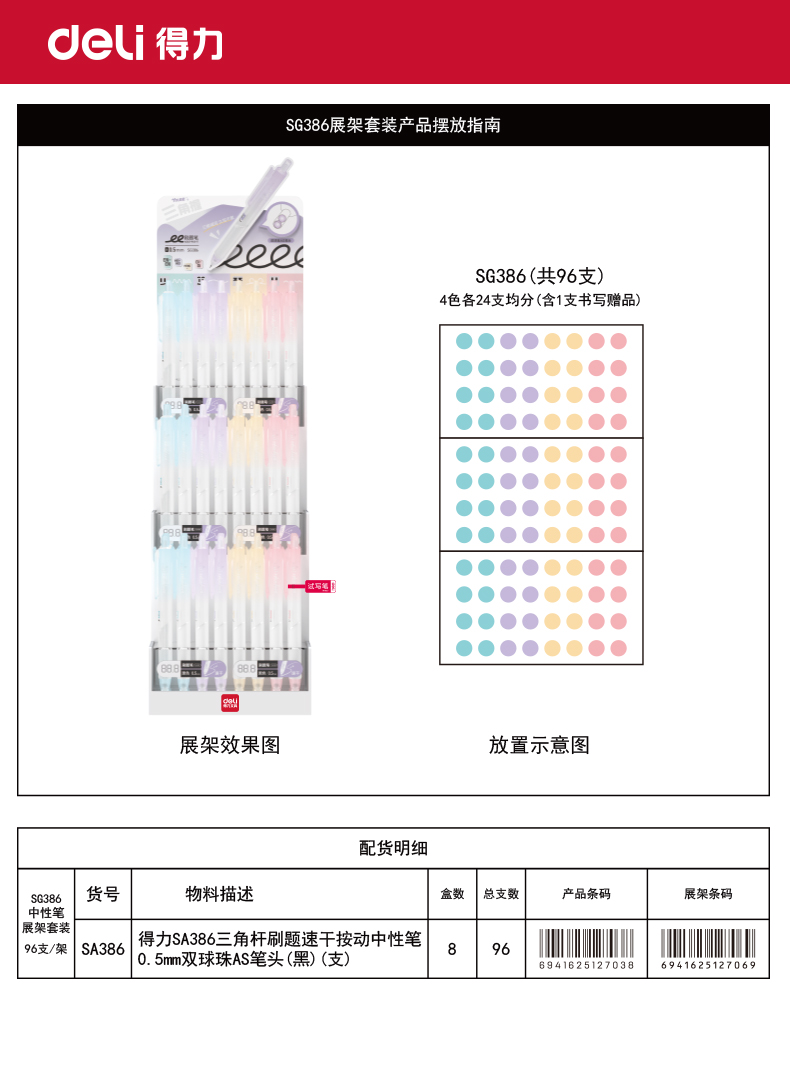 纵横SG386三角杆刷题速干按动中性笔展架套装(黑)(96支/架)