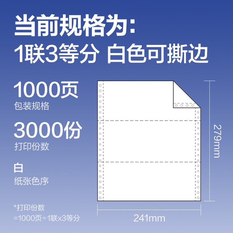 纵横铂印BY241-1电脑打印纸(1/3S白色撕边)(1000页/盒)
