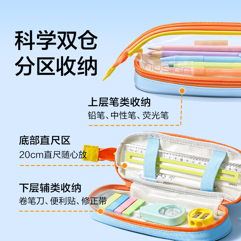纽赛NS1315EASY双层分区大容量笔袋（蓝）
